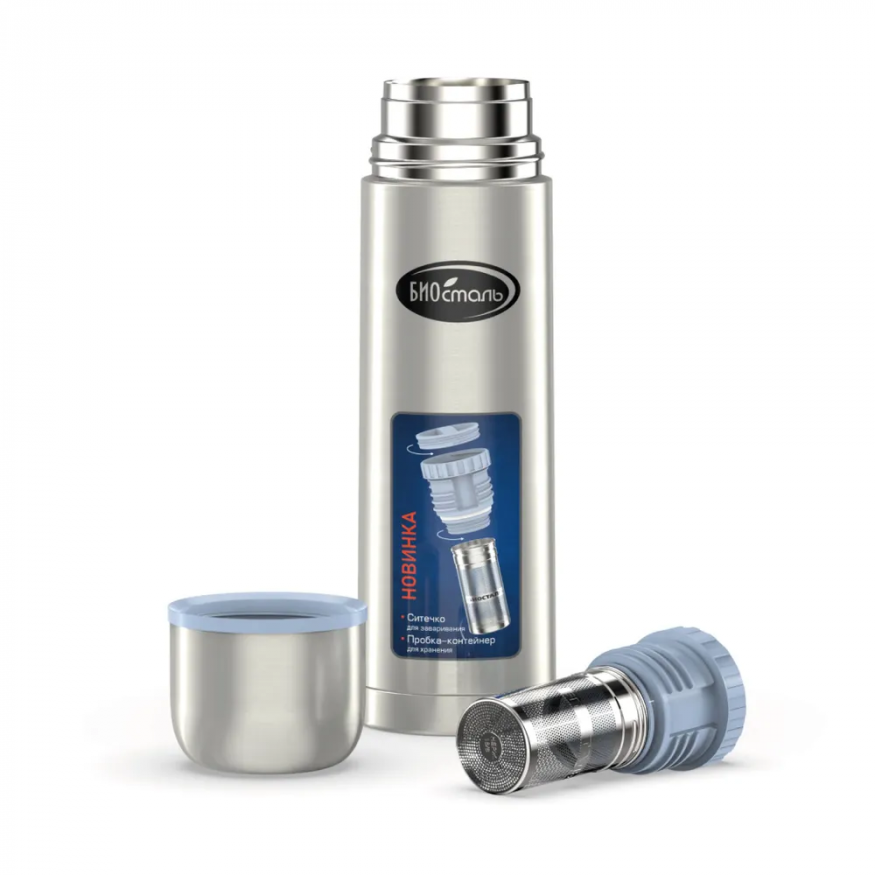 Термос Биосталь с узкой горловиной и пробкой с ситечком, 0,5 л